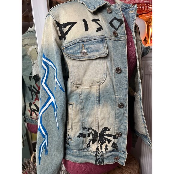 Unisex "Embellish" Custom Painted Distressed Denim Jacket With Painted Graphics - Picture 10 of 16